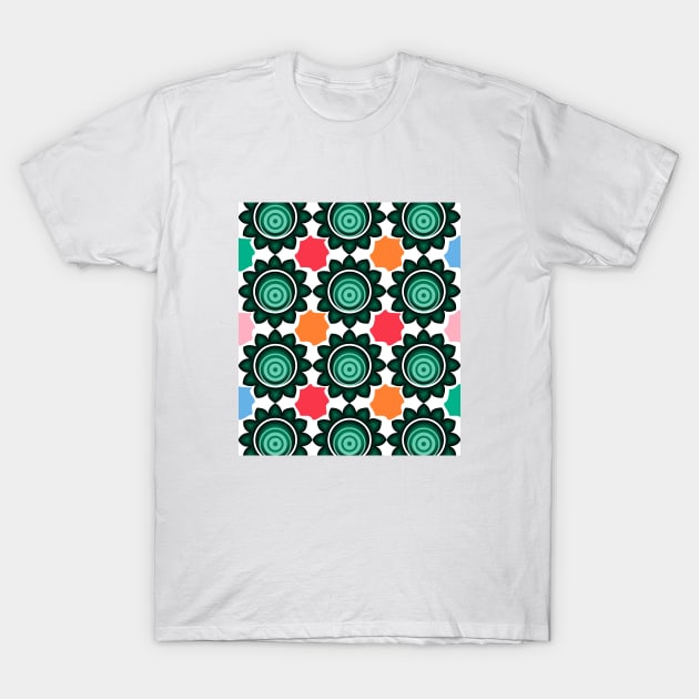 Multicolor Green Leaf Pattern T-Shirt by MaxixArt